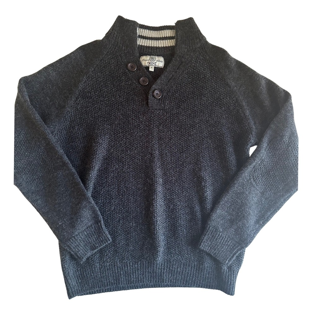 Next Men's Charcoal Gray 1/4 Button Henley Sweater Sz Medium Preppy Long Sleeve‎